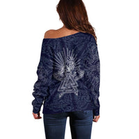 Odin Silhouette with Raven and Valknut Off Shoulder Sweater Nordic Mythology Line Art Illustration