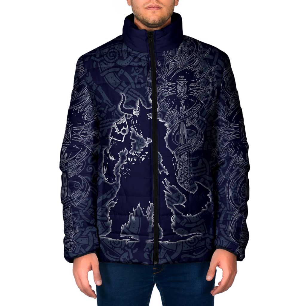 Odin Silhouette with Raven and Valknut Padded Jacket Nordic Mythology Line Art Illustration