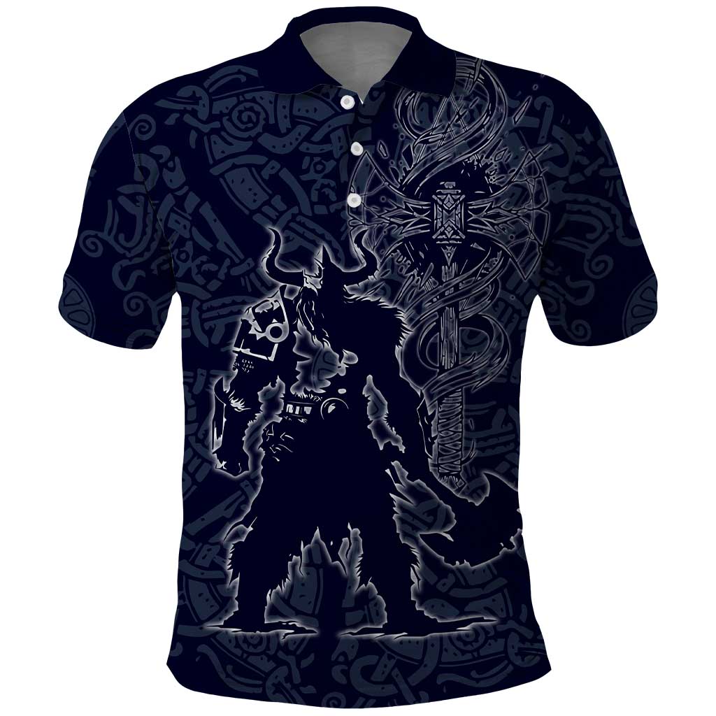 Odin Silhouette with Raven and Valknut Polo Shirt Nordic Mythology Line Art Illustration