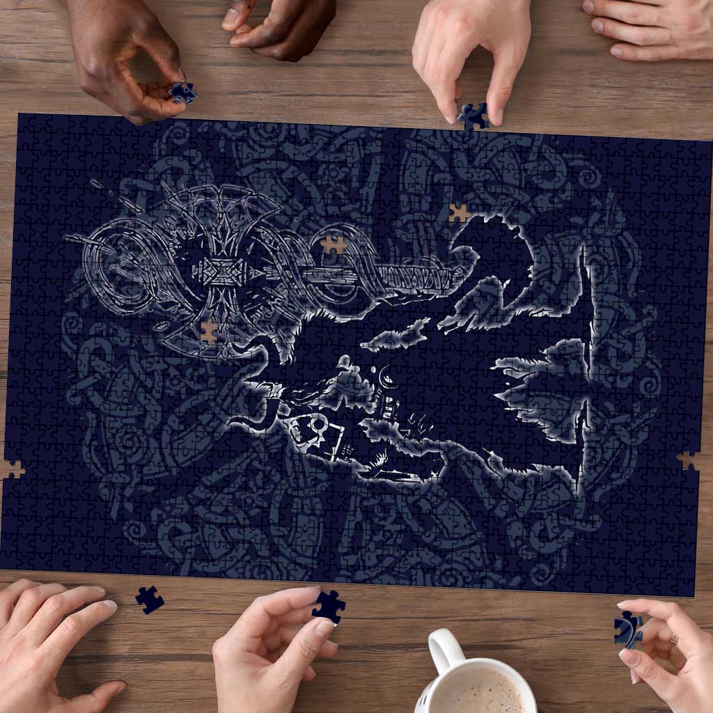 Odin Silhouette with Raven and Valknut Puzzle Nordic Mythology Line Art Illustration