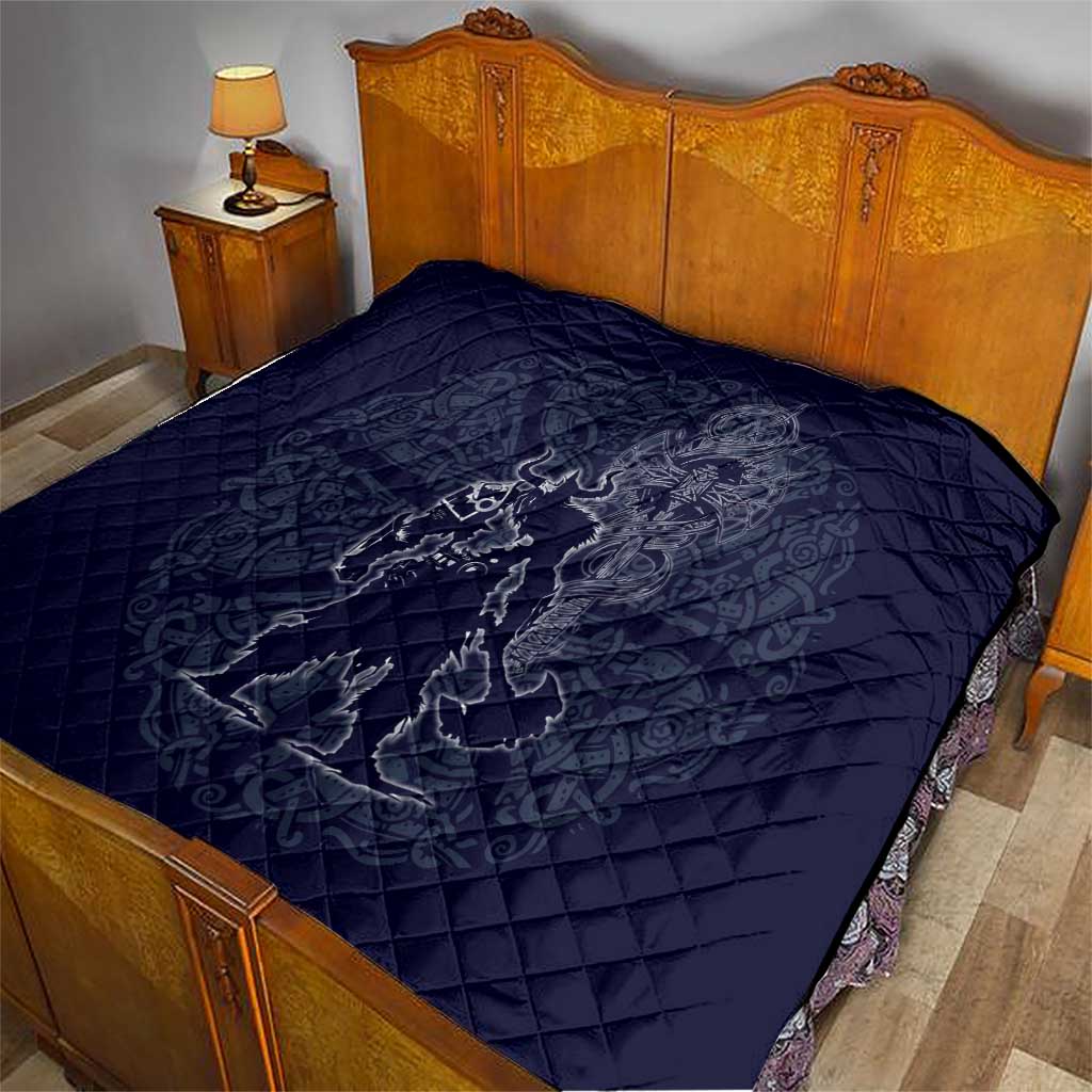 Odin Silhouette with Raven and Valknut Quilt Nordic Mythology Line Art Illustration