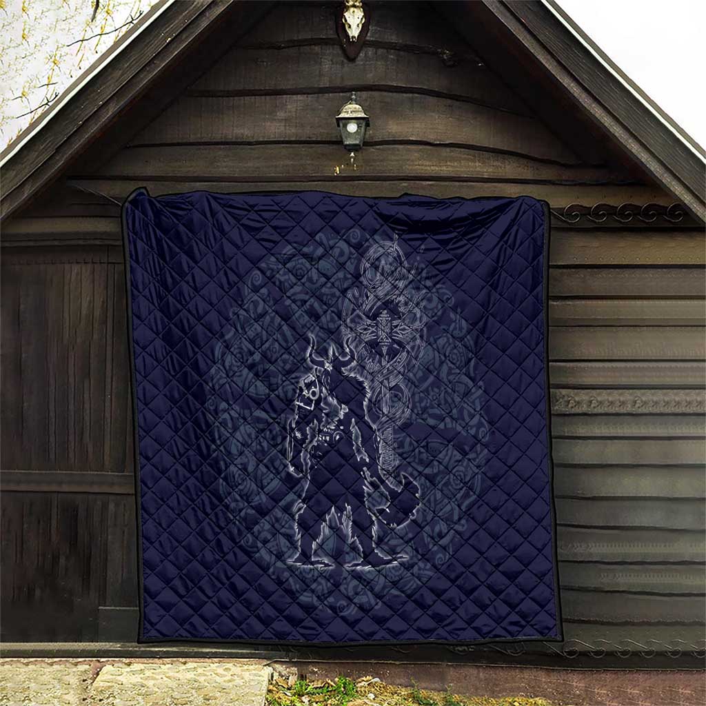 Odin Silhouette with Raven and Valknut Quilt Nordic Mythology Line Art Illustration