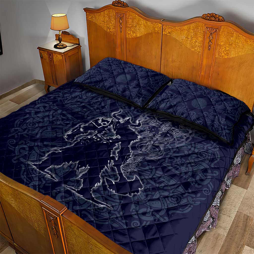Odin Silhouette with Raven and Valknut Quilt Bed Set Nordic Mythology Line Art Illustration