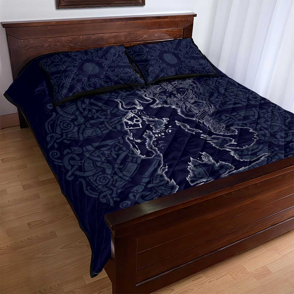 Odin Silhouette with Raven and Valknut Quilt Bed Set Nordic Mythology Line Art Illustration