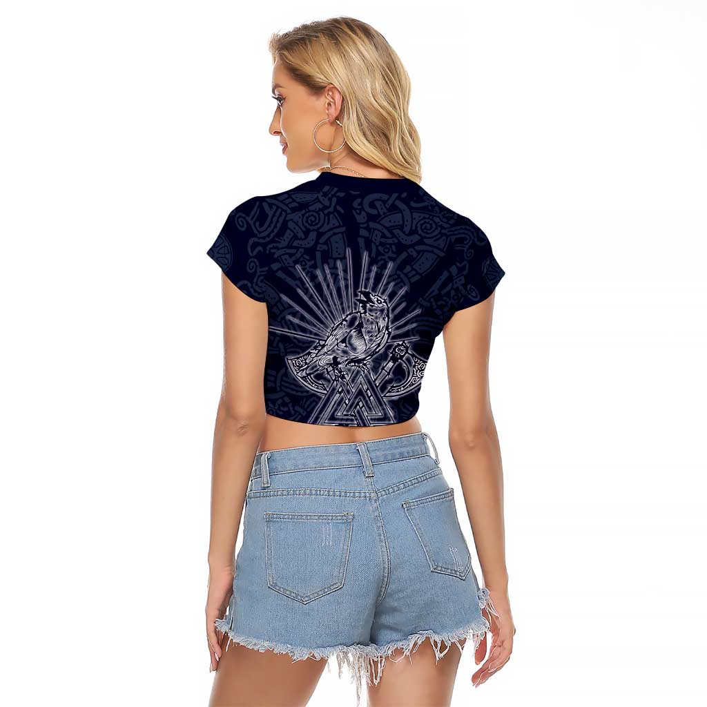 Odin Silhouette with Raven and Valknut Raglan Cropped T Shirt Nordic Mythology Line Art Illustration