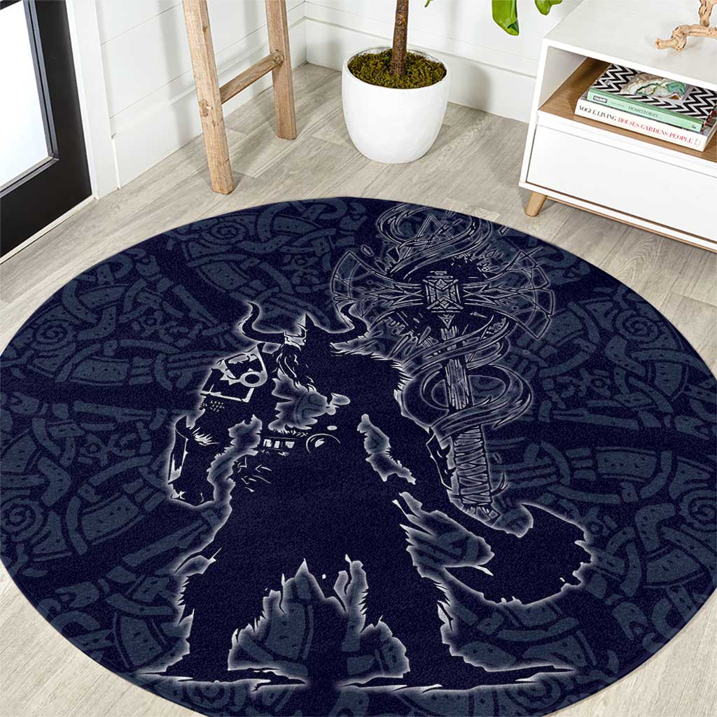 Odin Silhouette with Raven and Valknut Round Carpet Nordic Mythology Line Art Illustration