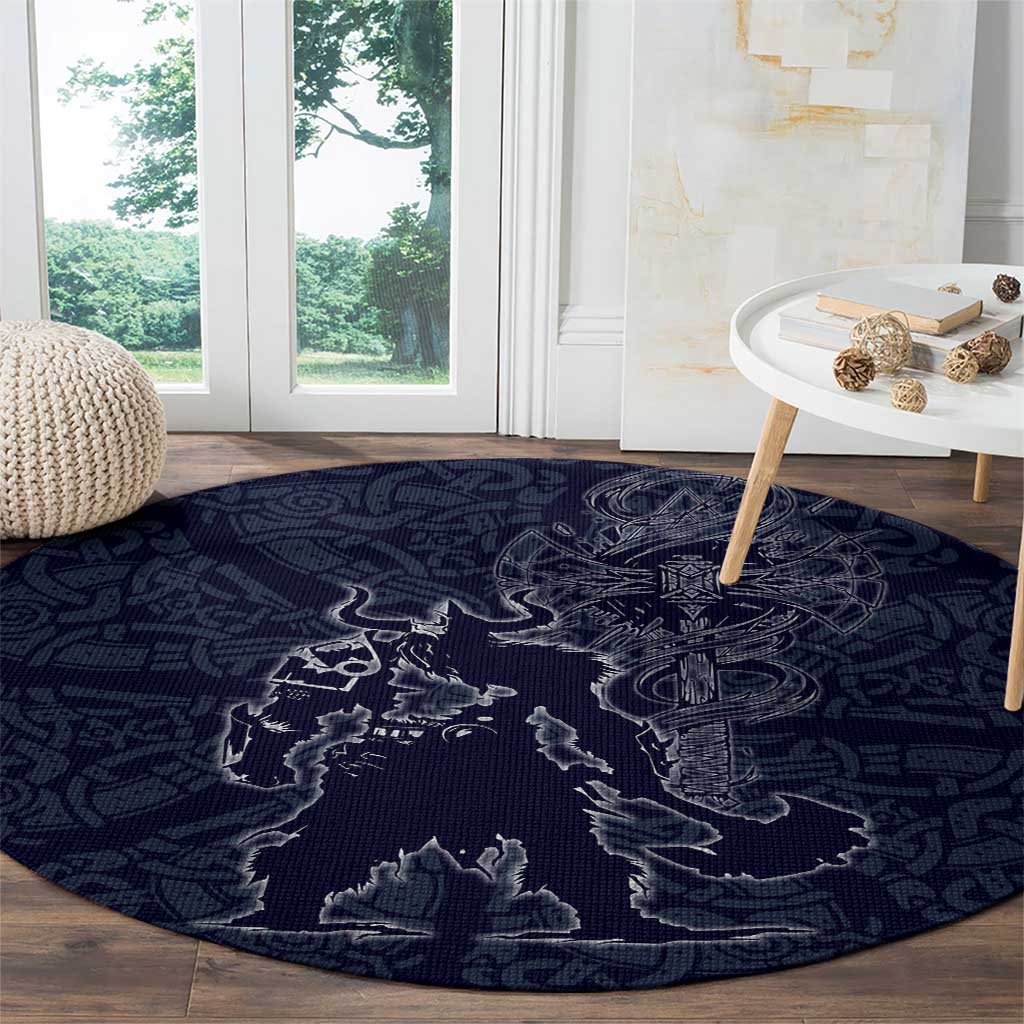 Odin Silhouette with Raven and Valknut Round Carpet Nordic Mythology Line Art Illustration