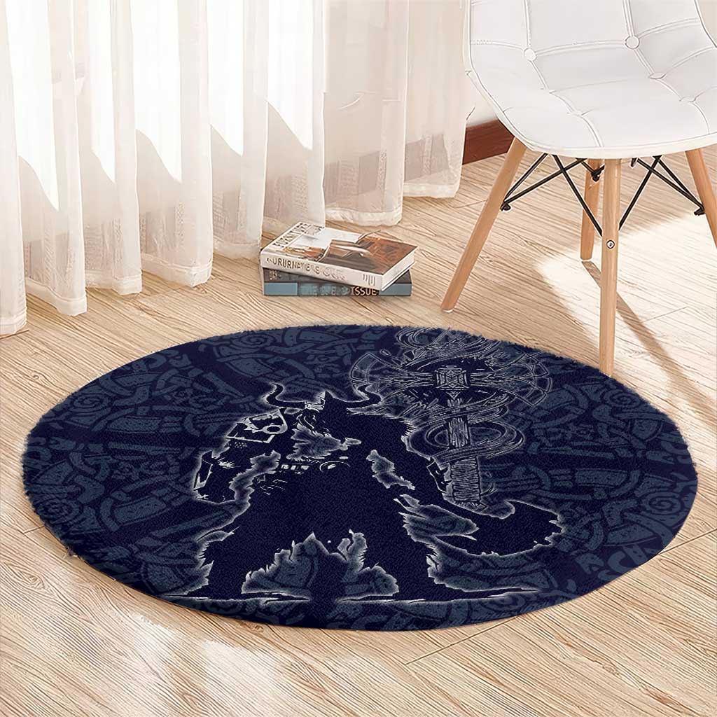 Odin Silhouette with Raven and Valknut Round Carpet Nordic Mythology Line Art Illustration