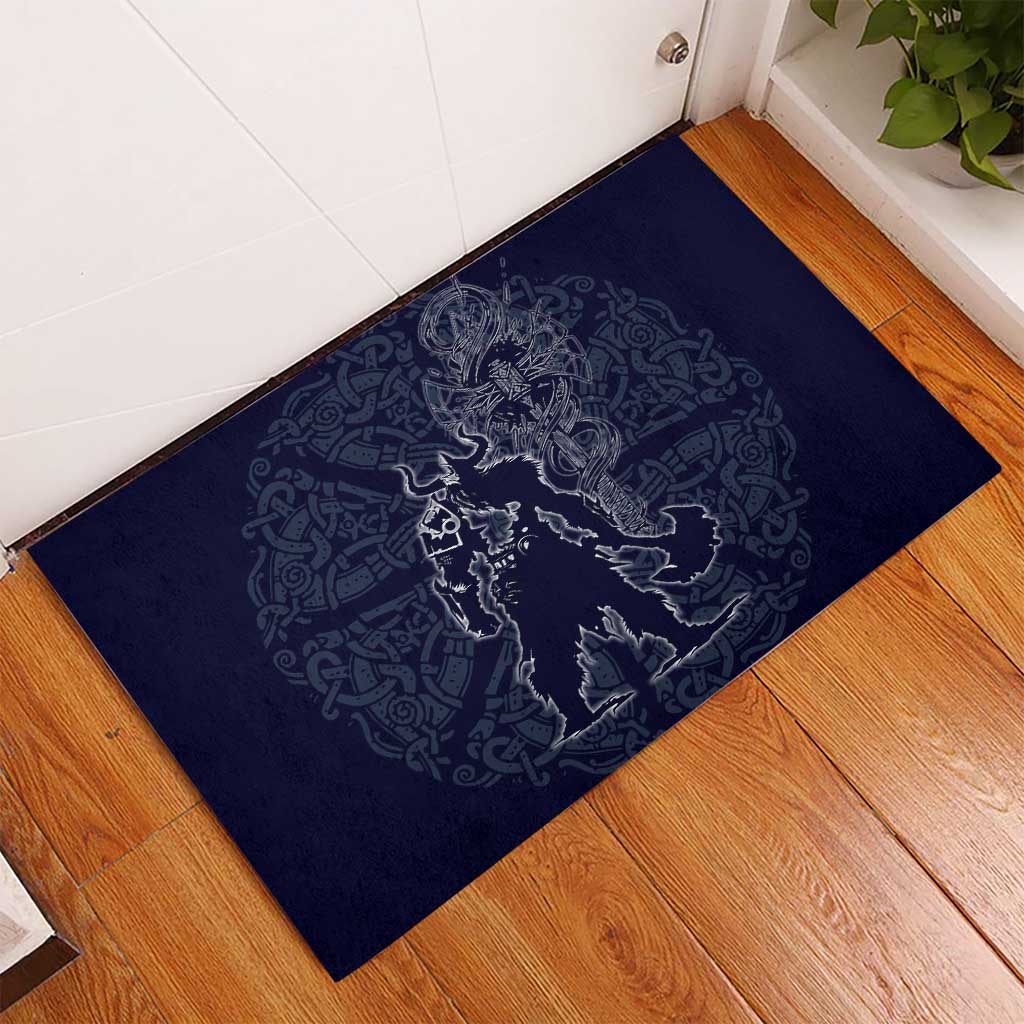 Odin Silhouette with Raven and Valknut Rubber Doormat Nordic Mythology Line Art Illustration