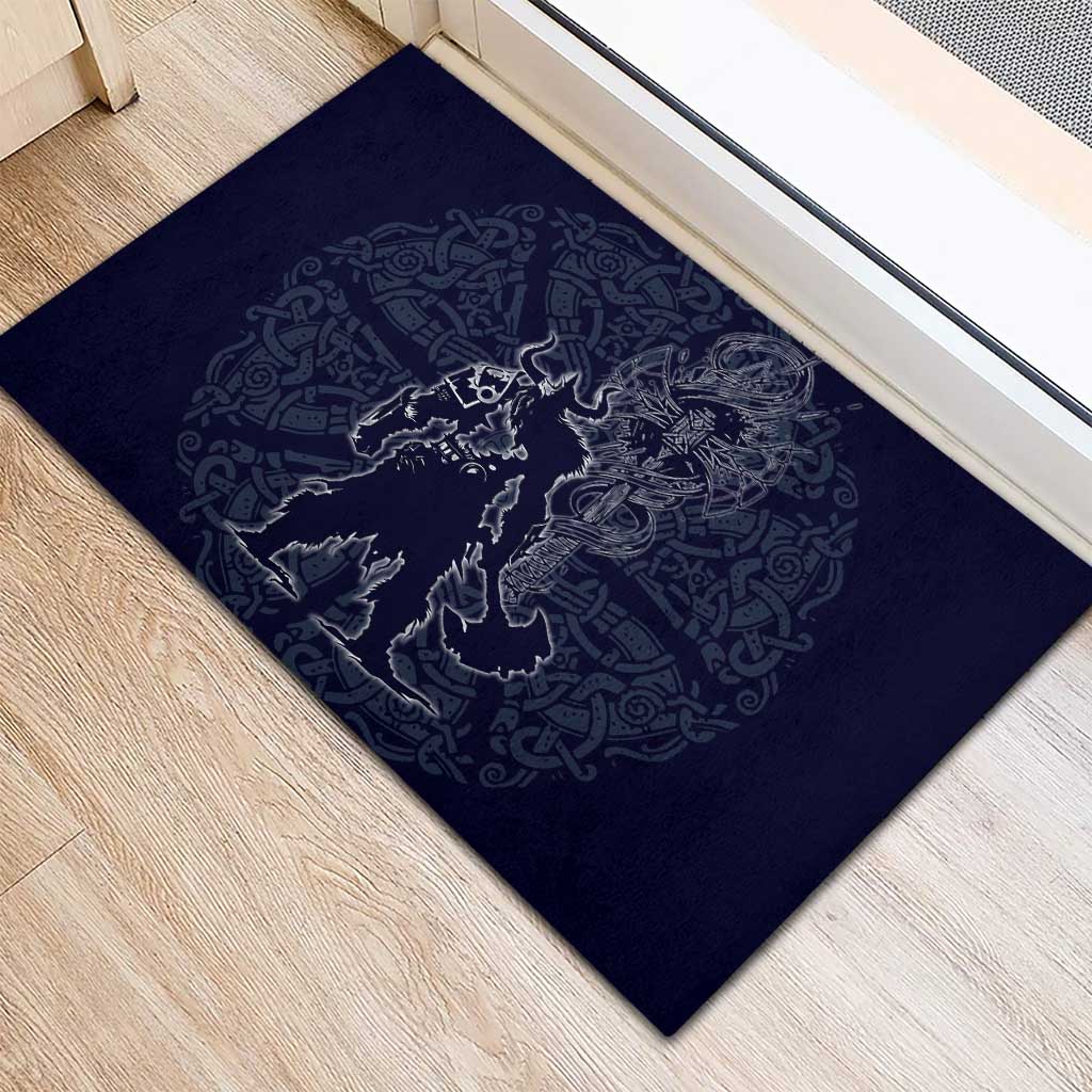 Odin Silhouette with Raven and Valknut Rubber Doormat Nordic Mythology Line Art Illustration