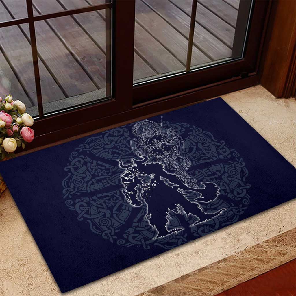 Odin Silhouette with Raven and Valknut Rubber Doormat Nordic Mythology Line Art Illustration
