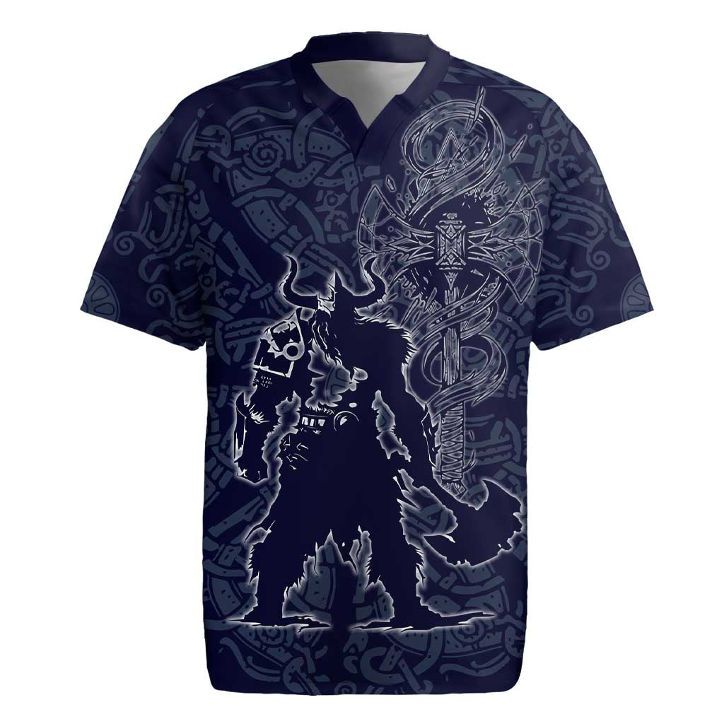 Odin Silhouette with Raven and Valknut Rugby Jersey Nordic Mythology Line Art Illustration