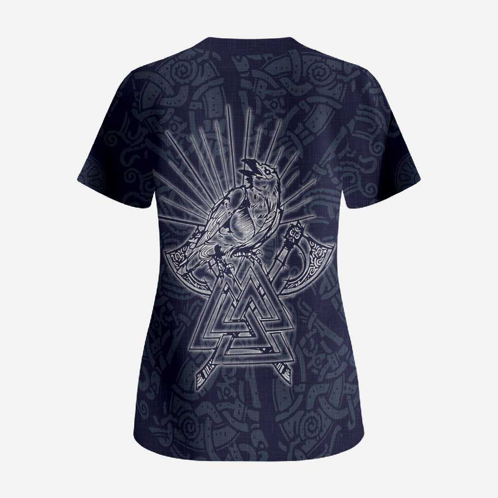 Odin Silhouette with Raven and Valknut Scrub Top Nordic Mythology Line Art Illustration