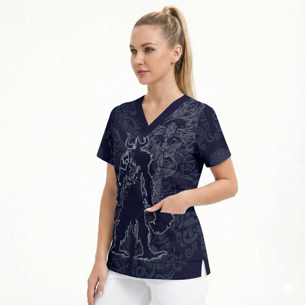 Odin Silhouette with Raven and Valknut Scrub Top Nordic Mythology Line Art Illustration
