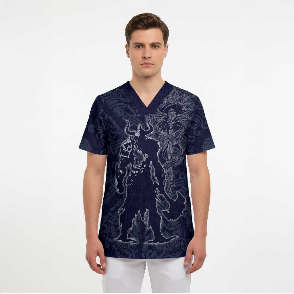 Odin Silhouette with Raven and Valknut Scrub Top Nordic Mythology Line Art Illustration