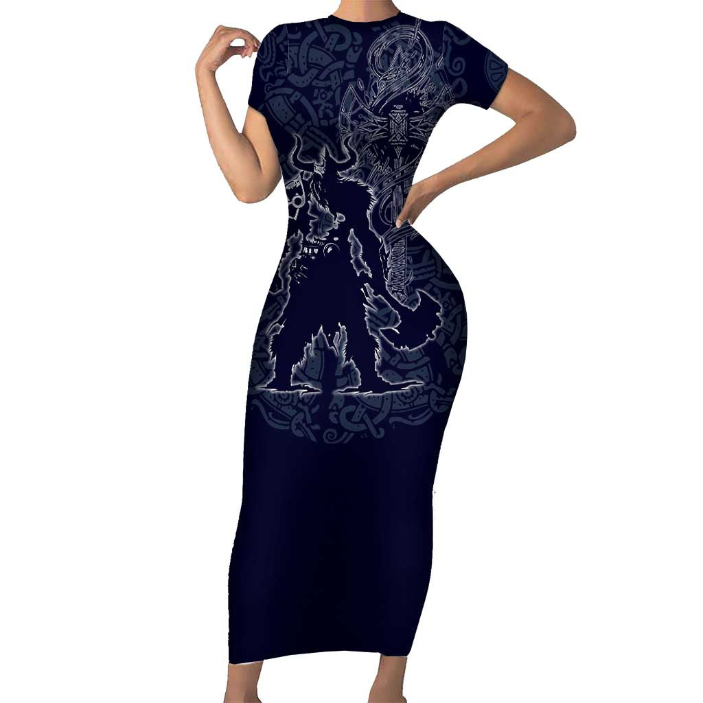 Odin Silhouette with Raven and Valknut Short Sleeve Bodycon Dress Nordic Mythology Line Art Illustration