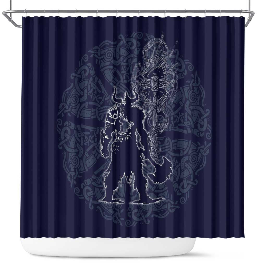 Odin Silhouette with Raven and Valknut Shower Curtain Nordic Mythology Line Art Illustration