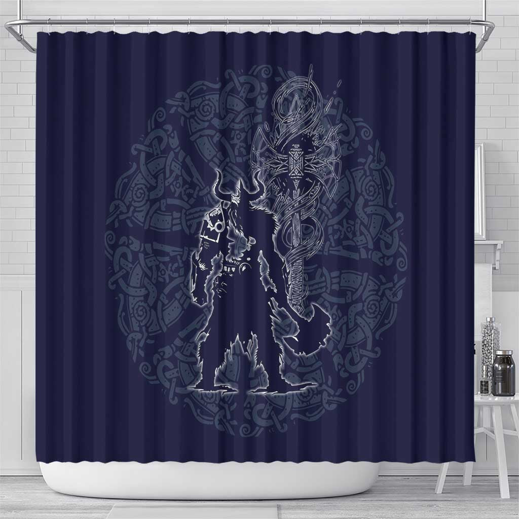 Odin Silhouette with Raven and Valknut Shower Curtain Nordic Mythology Line Art Illustration