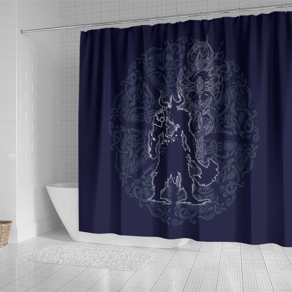 Odin Silhouette with Raven and Valknut Shower Curtain Nordic Mythology Line Art Illustration