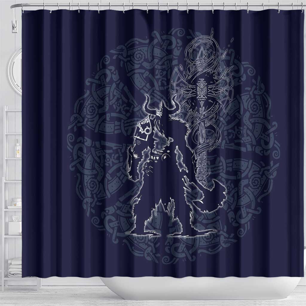 Odin Silhouette with Raven and Valknut Shower Curtain Nordic Mythology Line Art Illustration