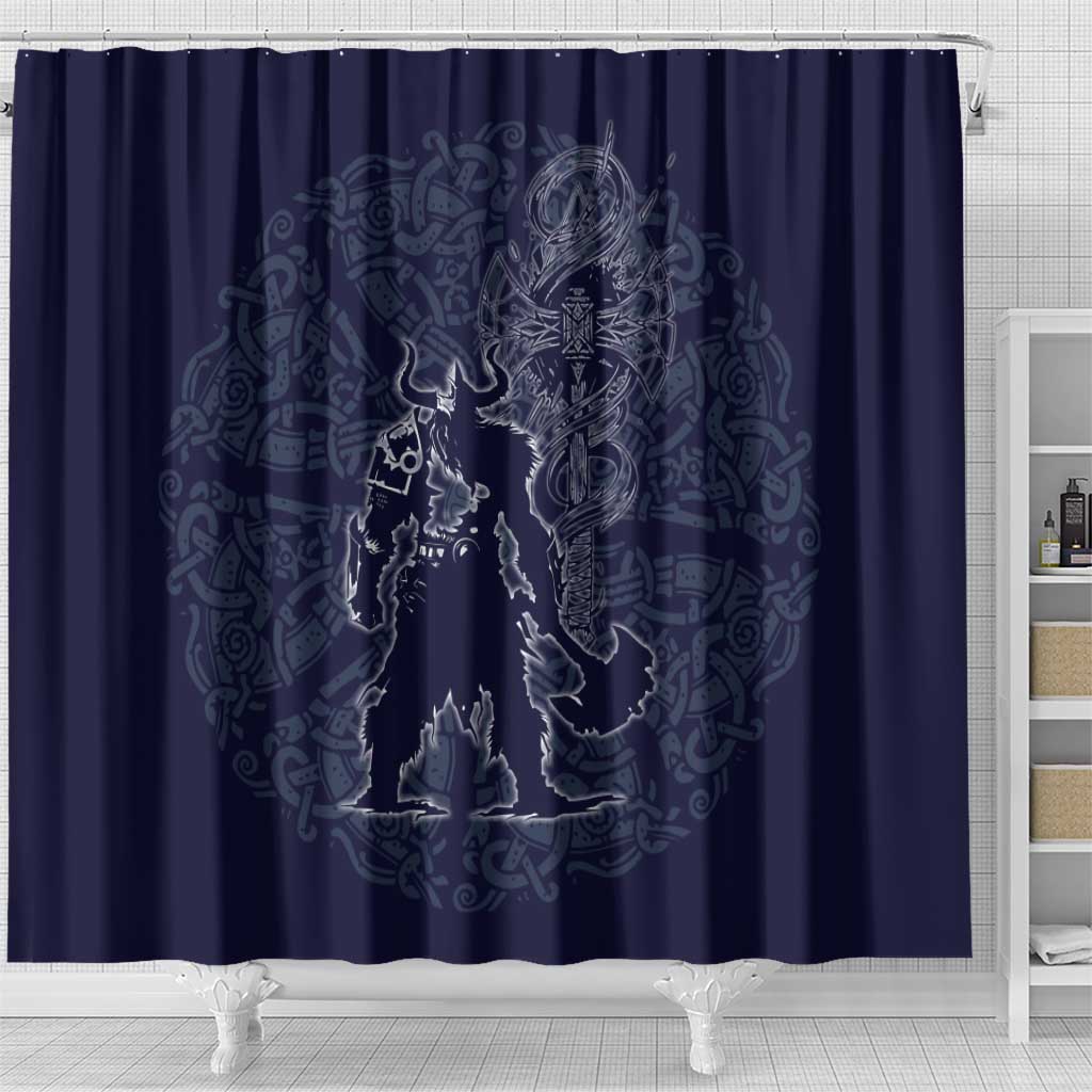 Odin Silhouette with Raven and Valknut Shower Curtain Nordic Mythology Line Art Illustration