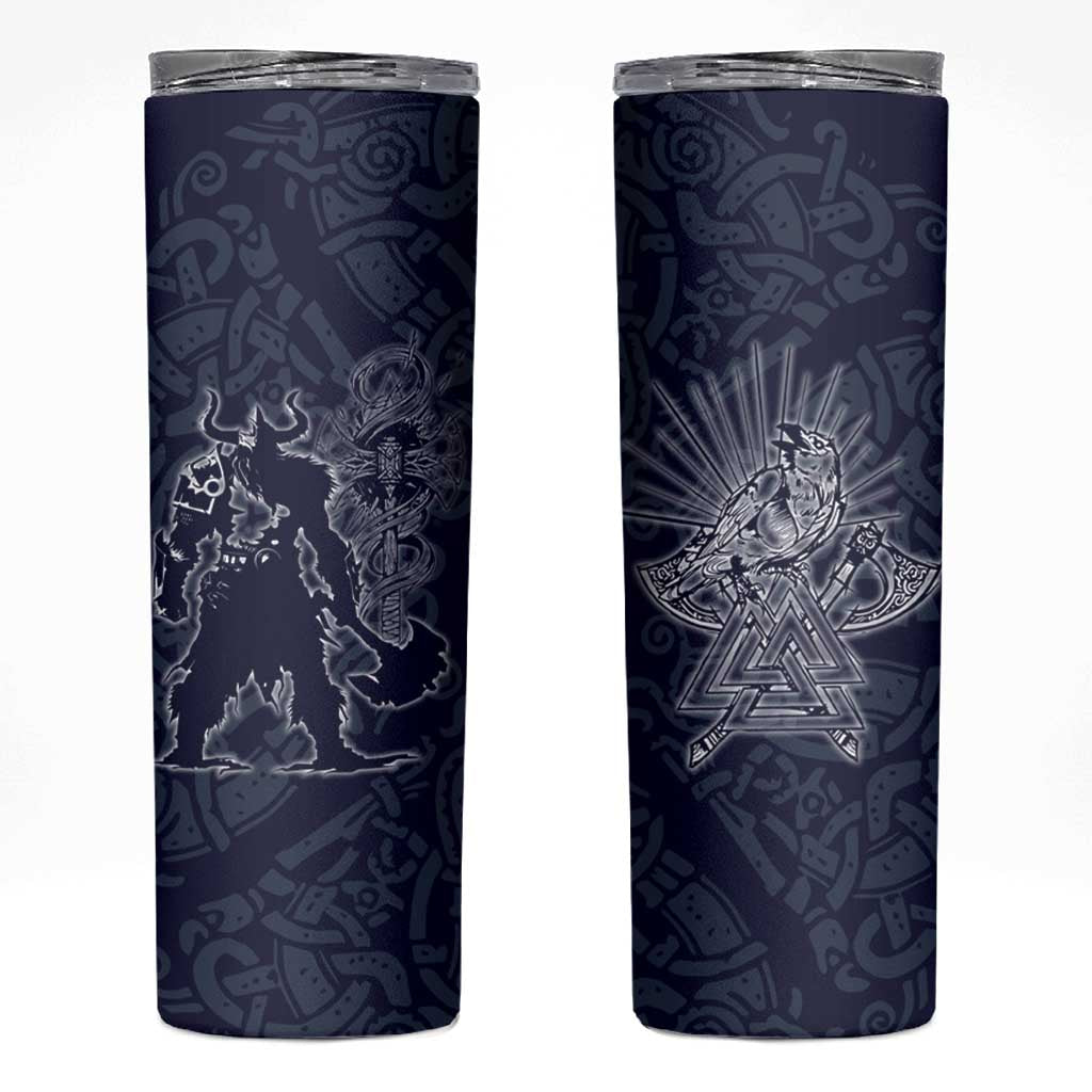 Odin Silhouette with Raven and Valknut Skinny Tumbler Nordic Mythology Line Art Illustration