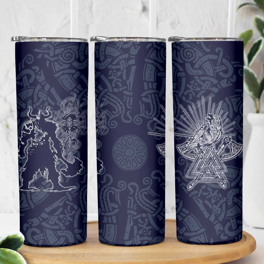 Odin Silhouette with Raven and Valknut Skinny Tumbler Nordic Mythology Line Art Illustration