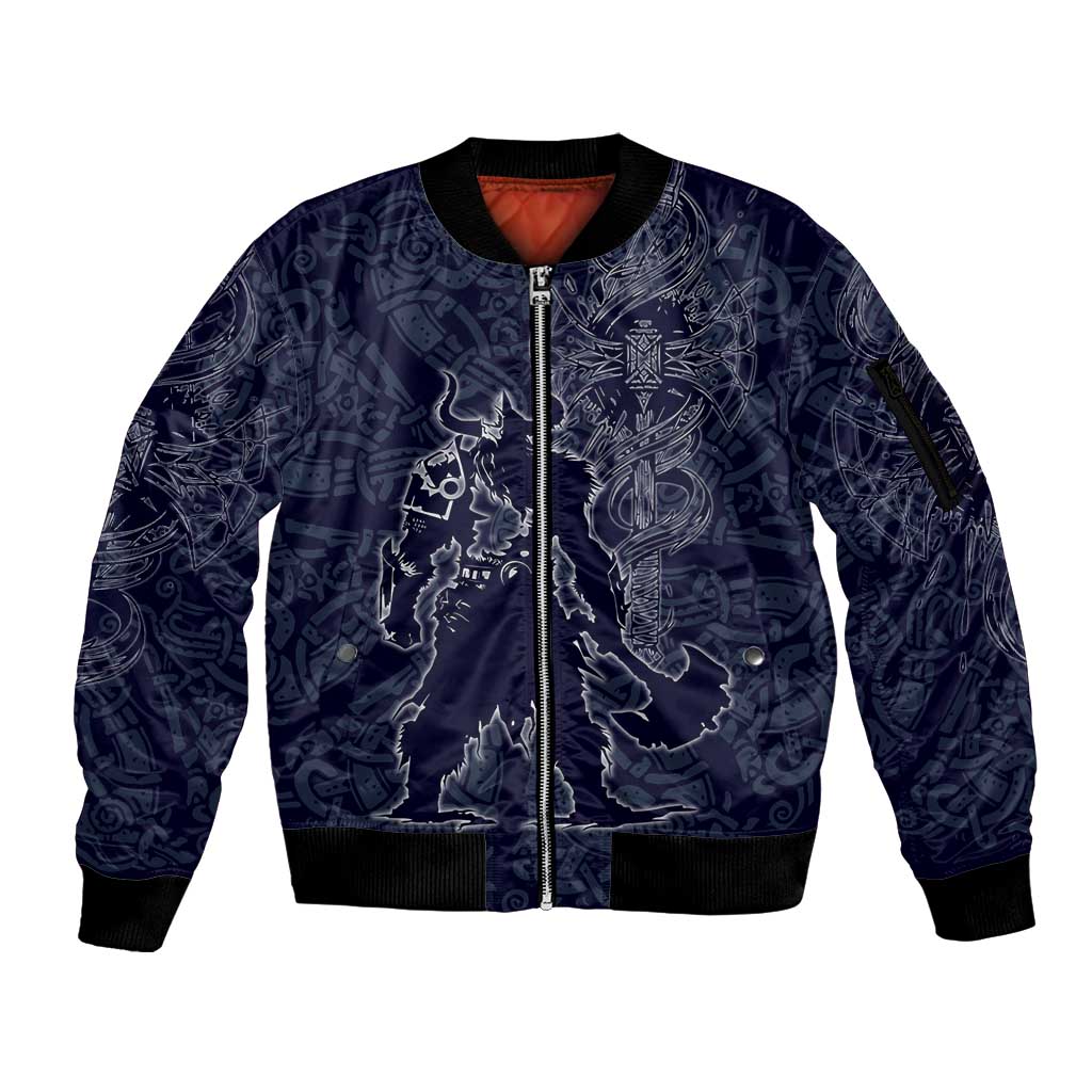 Odin Silhouette with Raven and Valknut Sleeve Zip Bomber Jacket Nordic Mythology Line Art Illustration