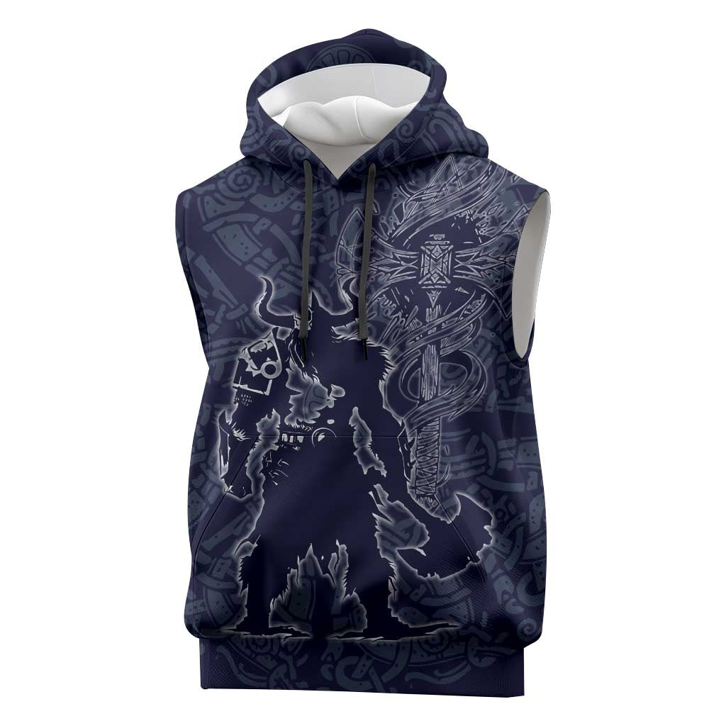 Odin Silhouette with Raven and Valknut Sleeveless Hoodie Nordic Mythology Line Art Illustration