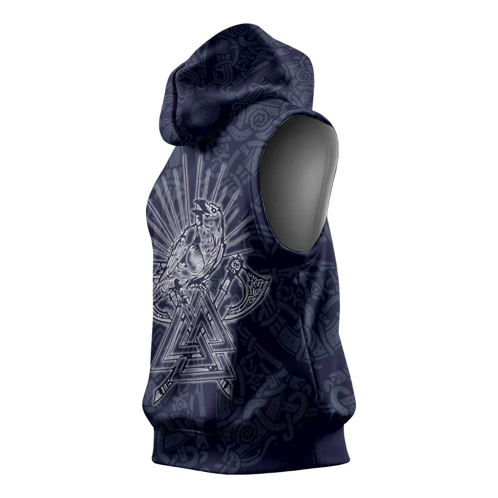 Odin Silhouette with Raven and Valknut Sleeveless Hoodie Nordic Mythology Line Art Illustration