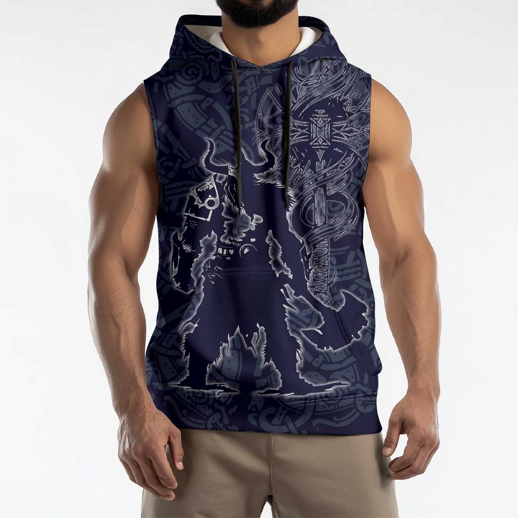 Odin Silhouette with Raven and Valknut Sleeveless Hoodie Nordic Mythology Line Art Illustration