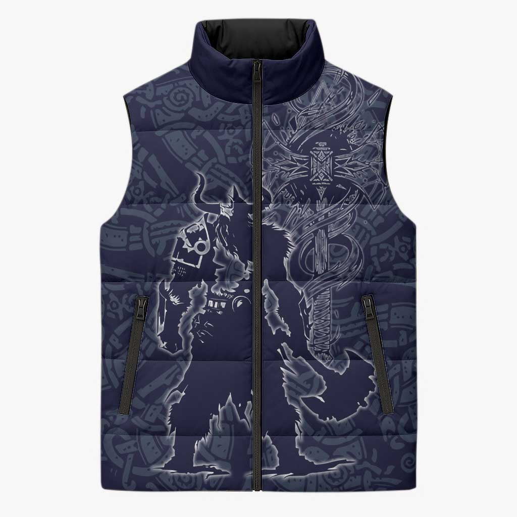 Odin Silhouette with Raven and Valknut Sleeveless Puffer Jacket Nordic Mythology Line Art Illustration