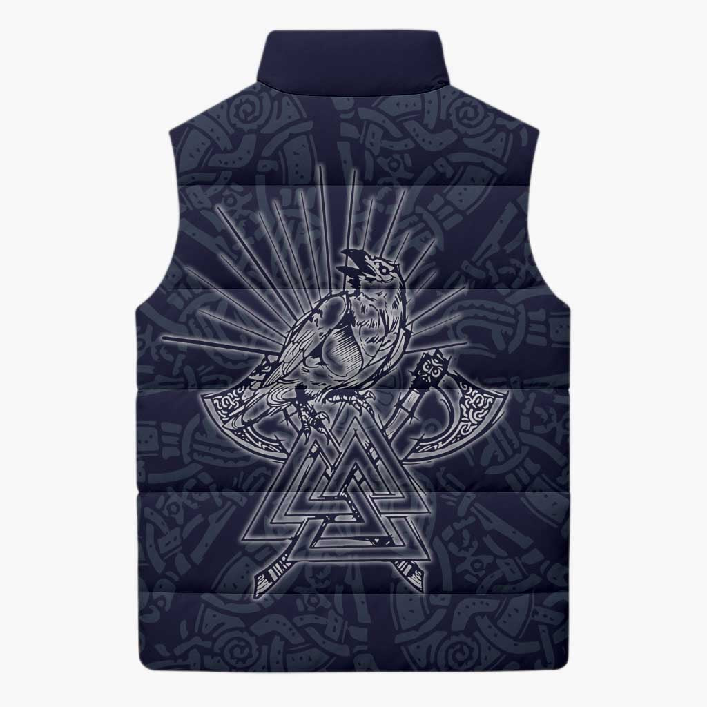 Odin Silhouette with Raven and Valknut Sleeveless Puffer Jacket Nordic Mythology Line Art Illustration
