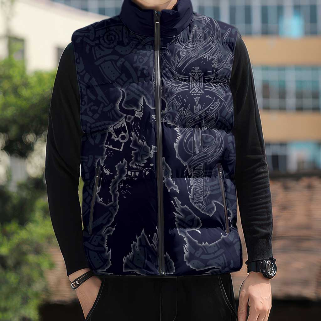 Odin Silhouette with Raven and Valknut Sleeveless Puffer Jacket Nordic Mythology Line Art Illustration