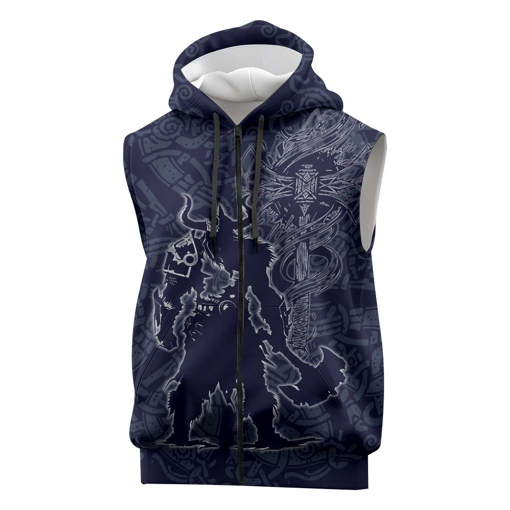 Odin Silhouette with Raven and Valknut Sleeveless Zip Hoodie Nordic Mythology Line Art Illustration