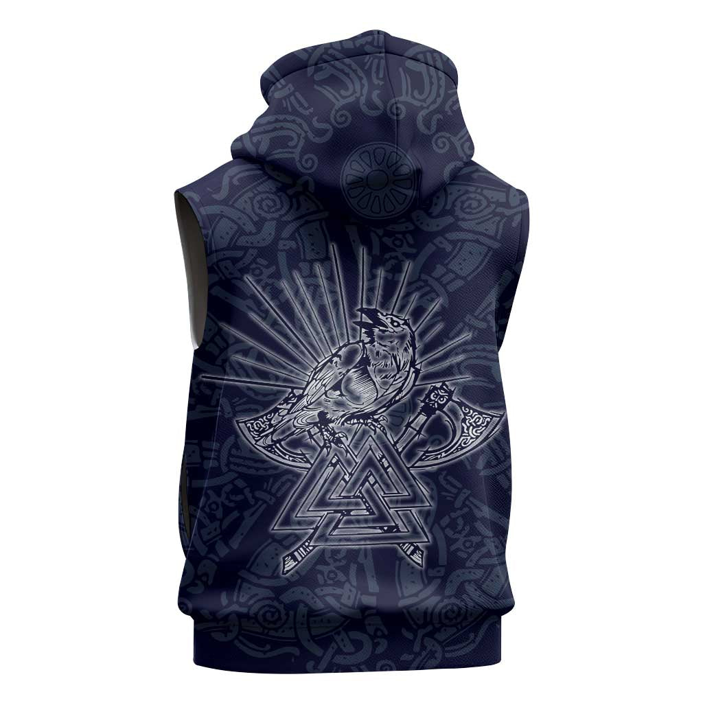 Odin Silhouette with Raven and Valknut Sleeveless Zip Hoodie Nordic Mythology Line Art Illustration