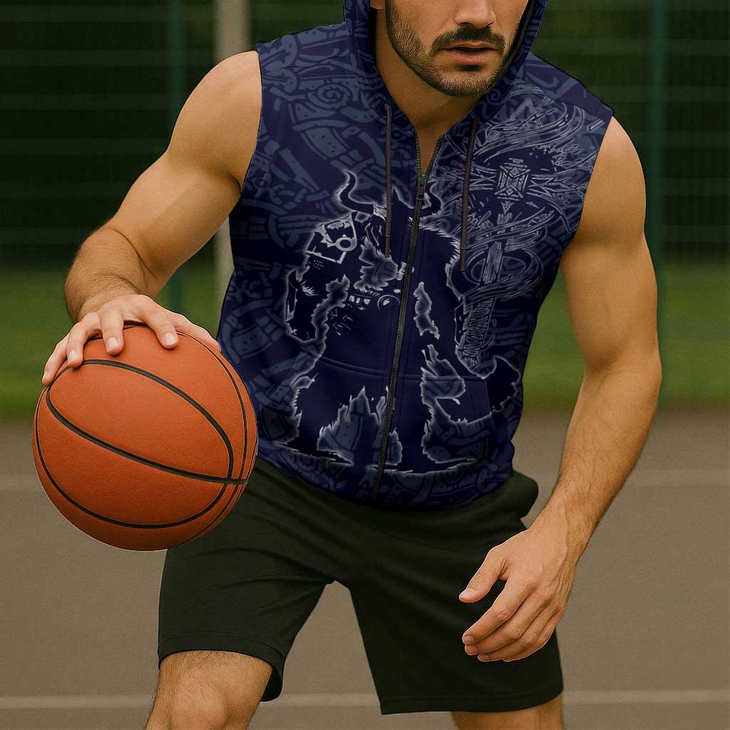 Odin Silhouette with Raven and Valknut Sleeveless Zip Hoodie Nordic Mythology Line Art Illustration