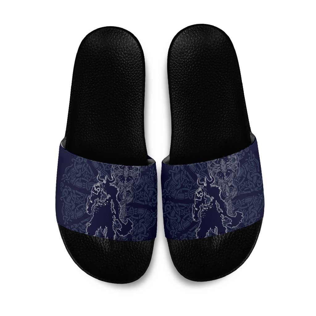 Odin Silhouette with Raven and Valknut Slide Sandals Nordic Mythology Line Art Illustration