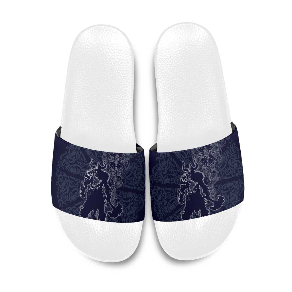 Odin Silhouette with Raven and Valknut Slide Sandals Nordic Mythology Line Art Illustration