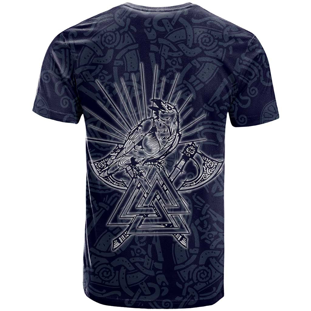Odin Silhouette with Raven and Valknut T Shirt Nordic Mythology Line Art Illustration