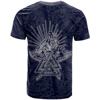 Odin Silhouette with Raven and Valknut T Shirt Nordic Mythology Line Art Illustration