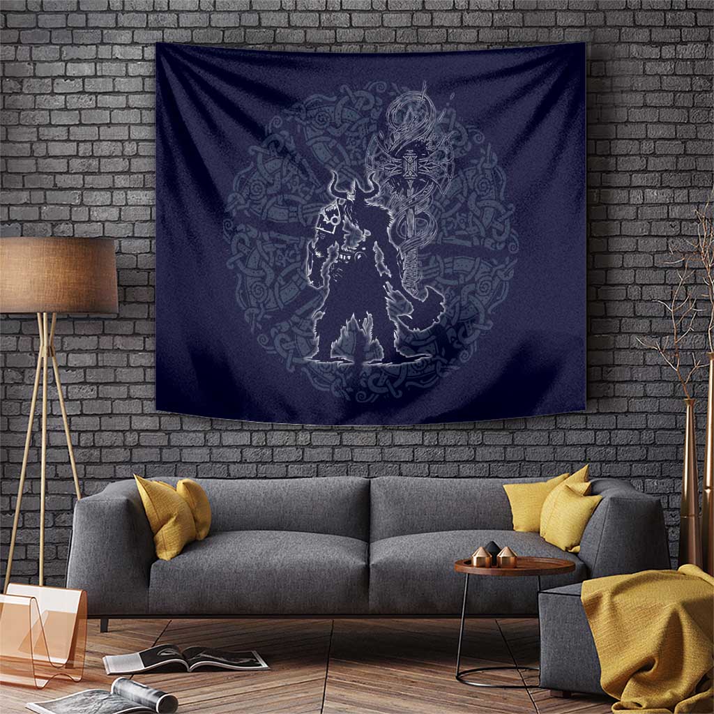 Odin Silhouette with Raven and Valknut Tapestry Nordic Mythology Line Art Illustration