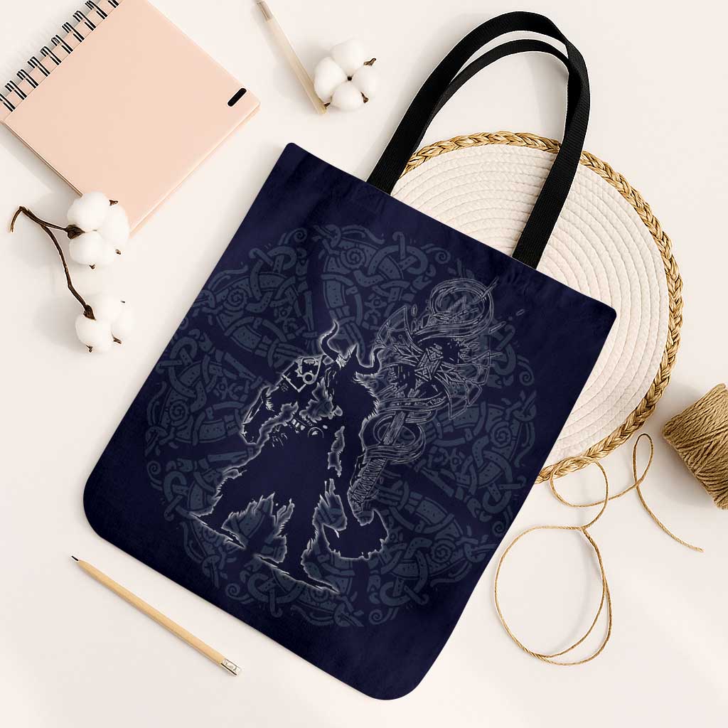 Odin Silhouette with Raven and Valknut Tote Bag Nordic Mythology Line Art Illustration