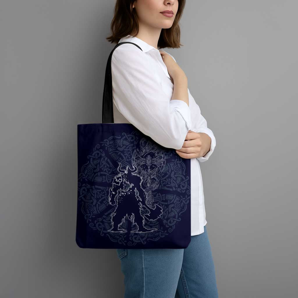 Odin Silhouette with Raven and Valknut Tote Bag Nordic Mythology Line Art Illustration