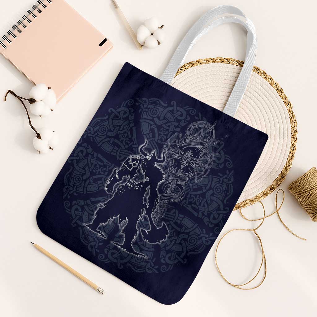Odin Silhouette with Raven and Valknut Tote Bag Nordic Mythology Line Art Illustration