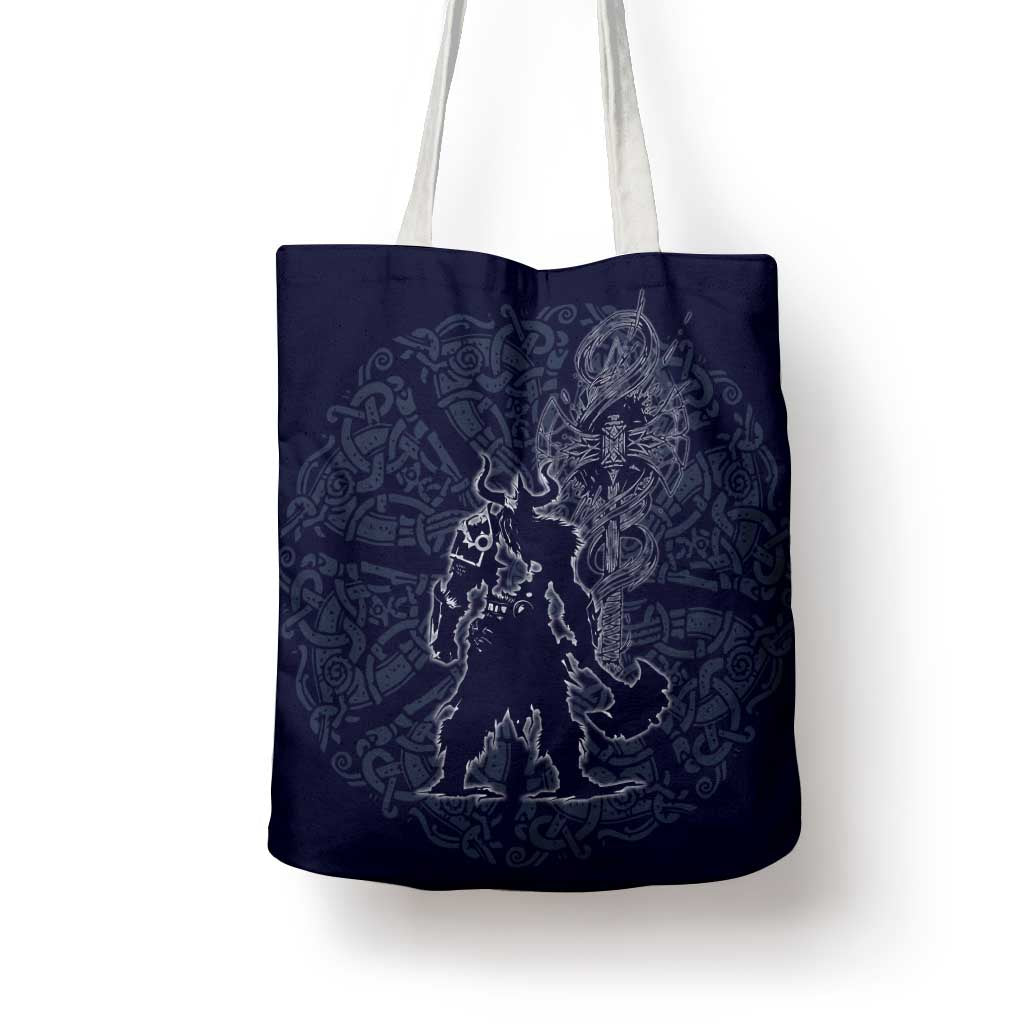 Odin Silhouette with Raven and Valknut Tote Bag Nordic Mythology Line Art Illustration