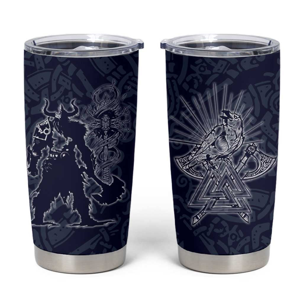 Odin Silhouette with Raven and Valknut Tumbler Cup Nordic Mythology Line Art Illustration