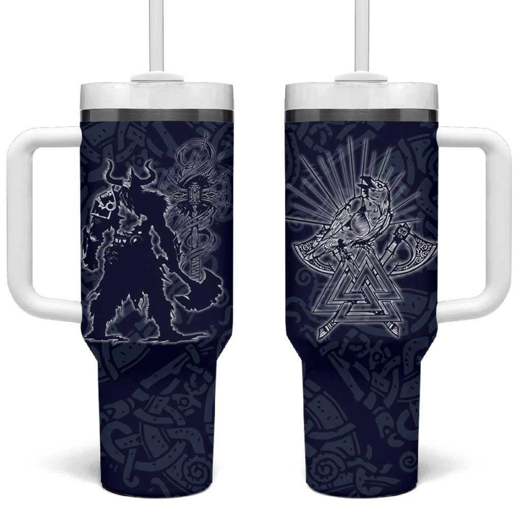 Odin Silhouette with Raven and Valknut Tumbler With Handle Nordic Mythology Line Art Illustration