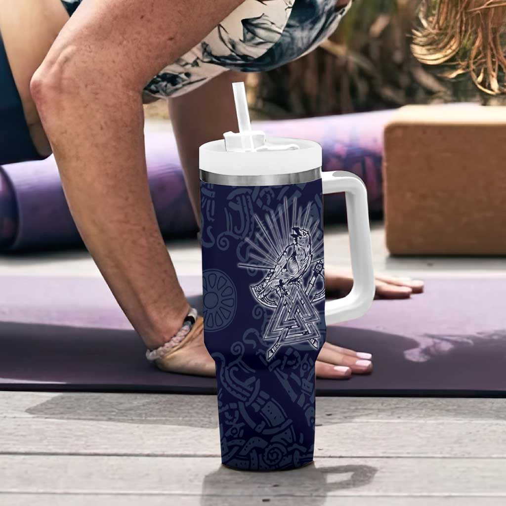 Odin Silhouette with Raven and Valknut Tumbler With Handle Nordic Mythology Line Art Illustration