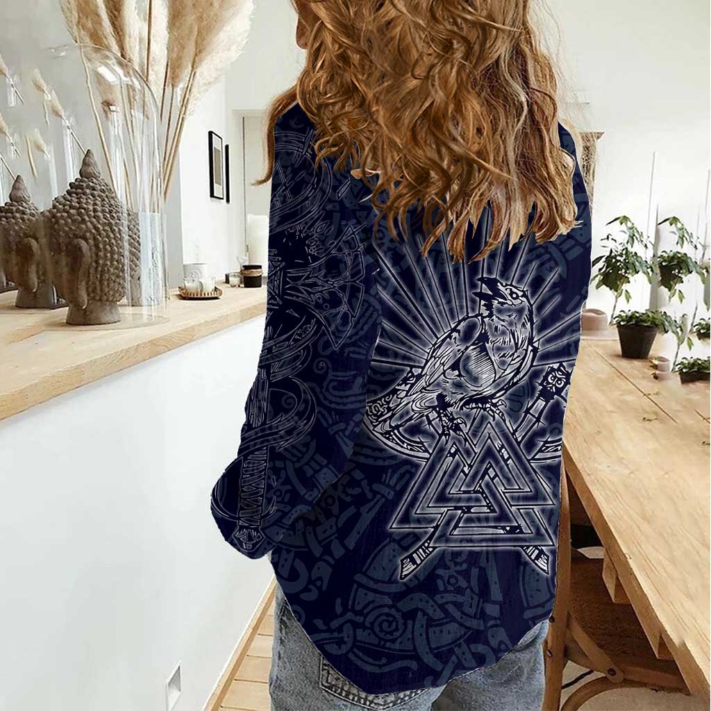 Odin Silhouette with Raven and Valknut Women Casual Shirt Nordic Mythology Line Art Illustration